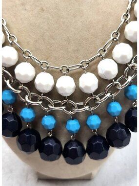 Blue & White Plastic Beaded  Silver Toned Chain Bib Necklace - 3 Layers